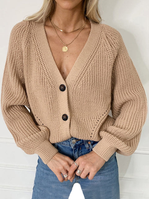 Women's V-Neck Thick Knitted Solid Cardigans Sweater. Long Sleeve Casual Coat