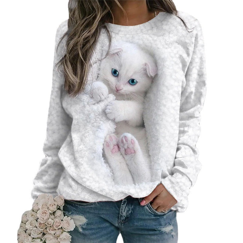 Cat Animal Pattern Print Long Sleeve Short Sleeve Round Neck Loose Sweater