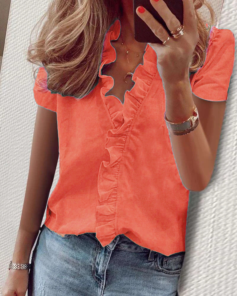 Spring Summer Short Sleeve Ruffle Blouse Women's Shirt