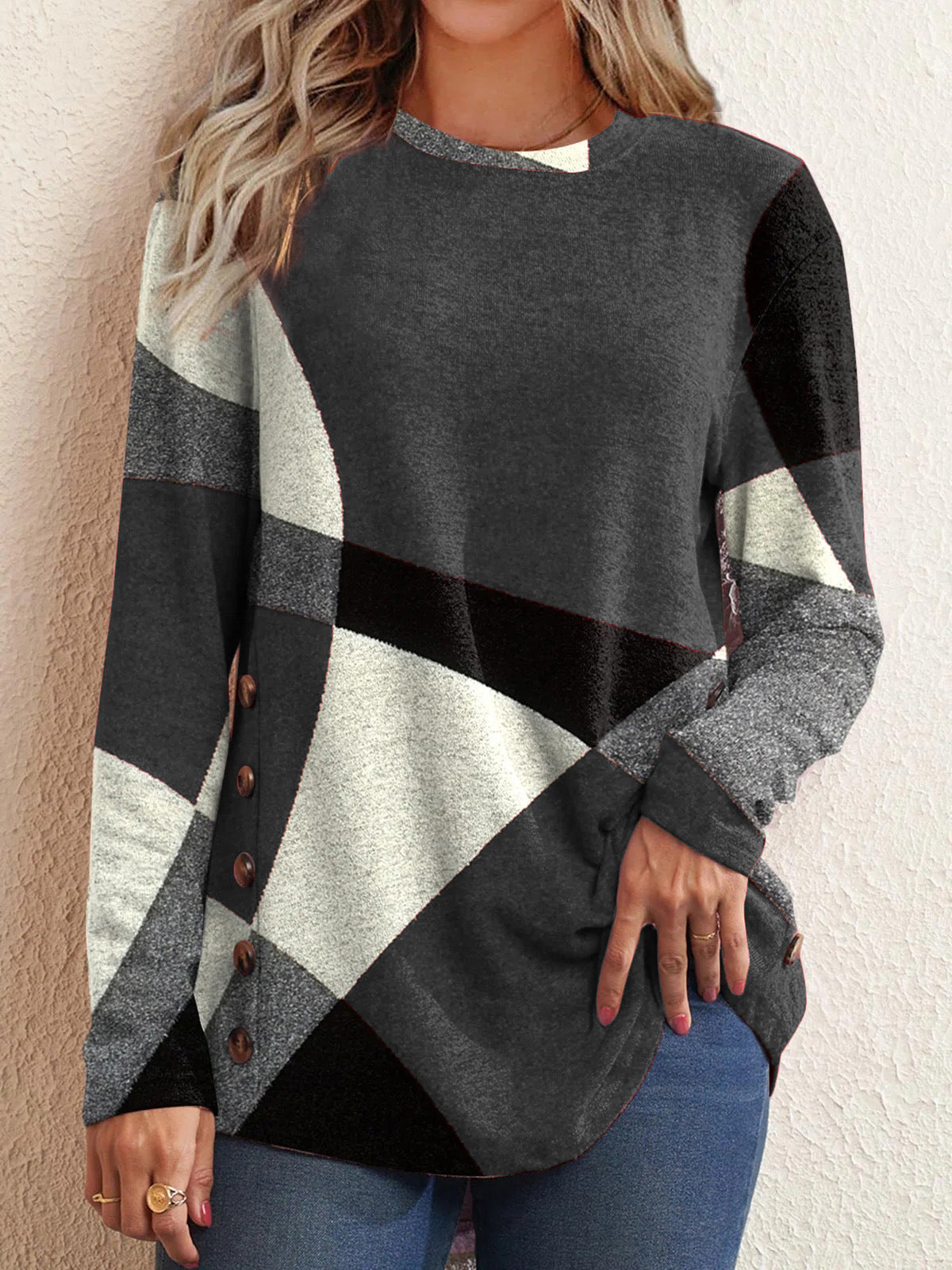 Geometric Multicolor Long Sleeve Printed Loose T-Shirt Women's Tops