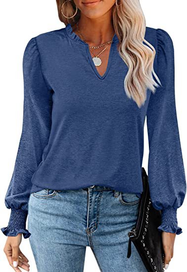 Women's V-neck Casual Long-sleeved T-shirt Pleated Puff Sleeve