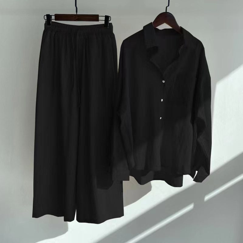 Ladies 2-Piece Vintage Cotton Linen Shirt Set High Waist Loose Trousers S - XL Women Set