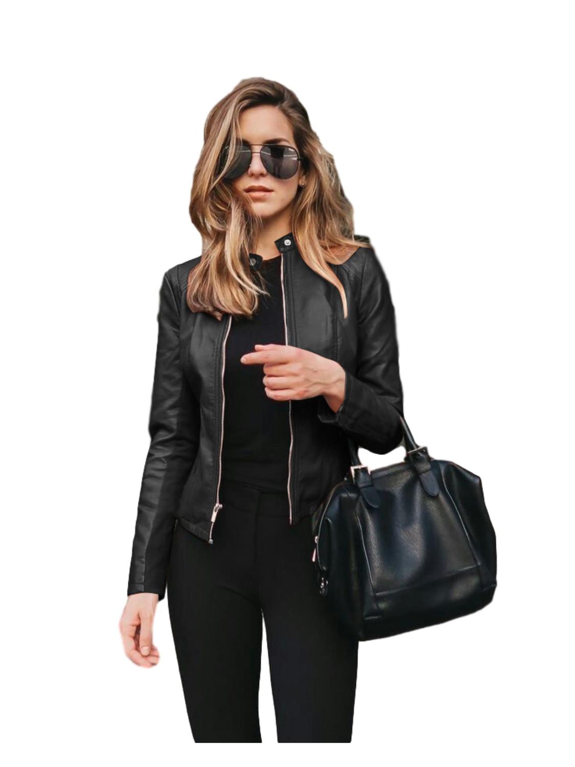 Women PU Leather Coat Short Thin Jacket. Zipper Outwear Outfit Spring Autumn Fashion