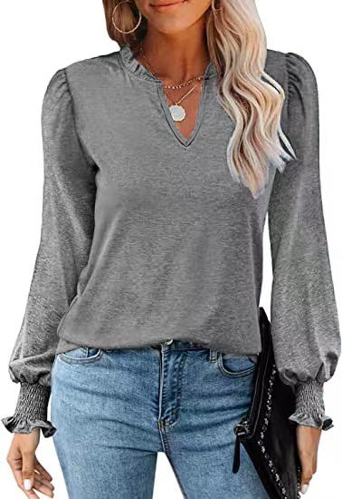 Women's V-neck Casual Long-sleeved T-shirt Pleated Puff Sleeve