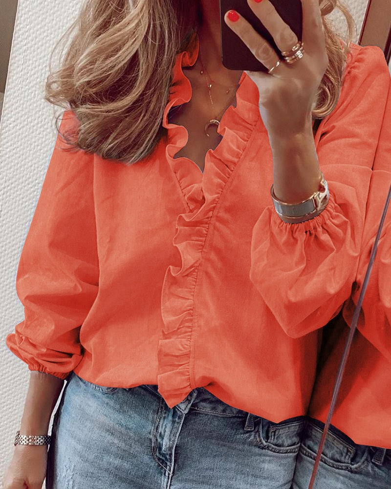 Spring Summer Long Sleeve Ruffle Blouse Women's Shirt