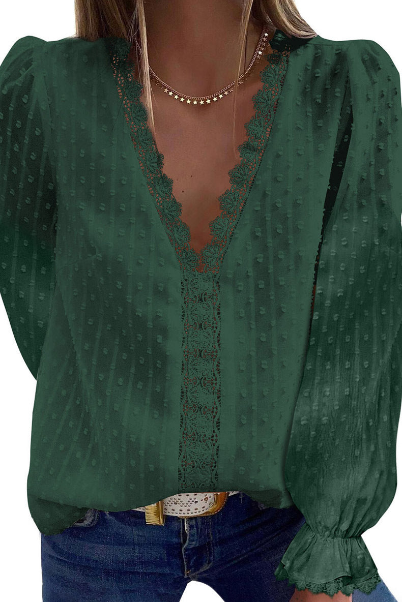 Women's Solid Color V-neck Embroidered Lace Long-sleeved Chiffon Shirt