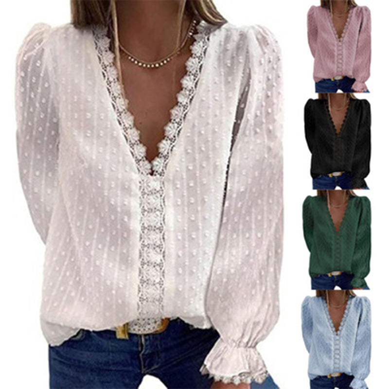 Women's Solid Color V-neck Embroidered Lace Long-sleeved Chiffon Shirt