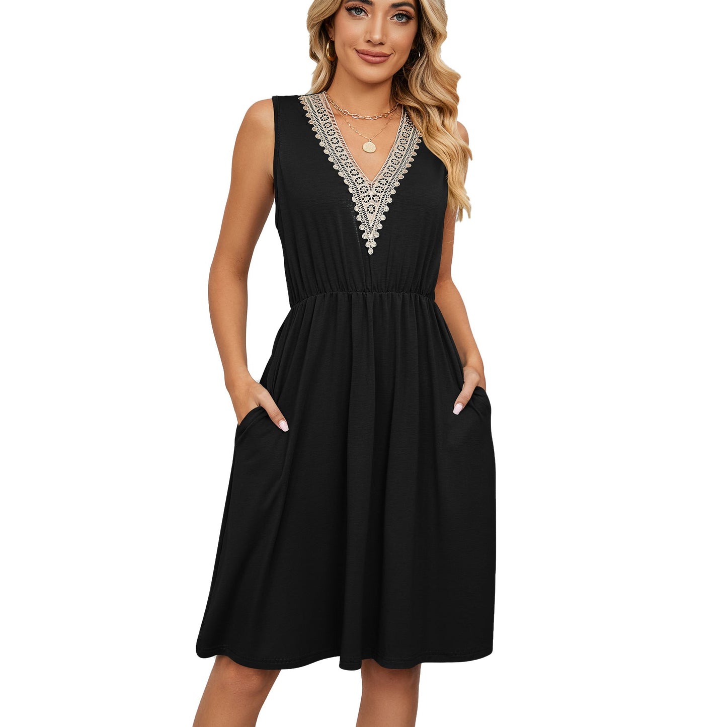 Women's Solid Color V-neck Lace Stitching Sleeveless Pocket Waist Dress