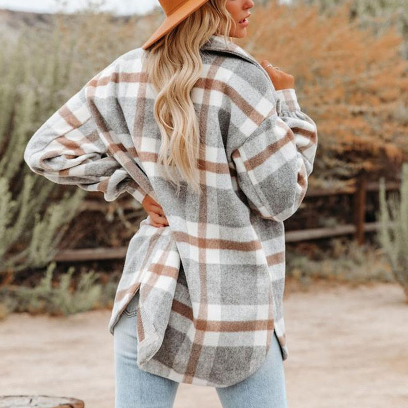 Women's Long Sleeve Button-Down Plaid Shirt Jacket Coat Top Outwear