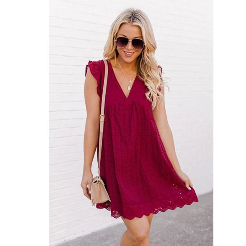 Women's V-neck Summer Short Sleeve Lace Dress. Ladies A Line Party Dresses