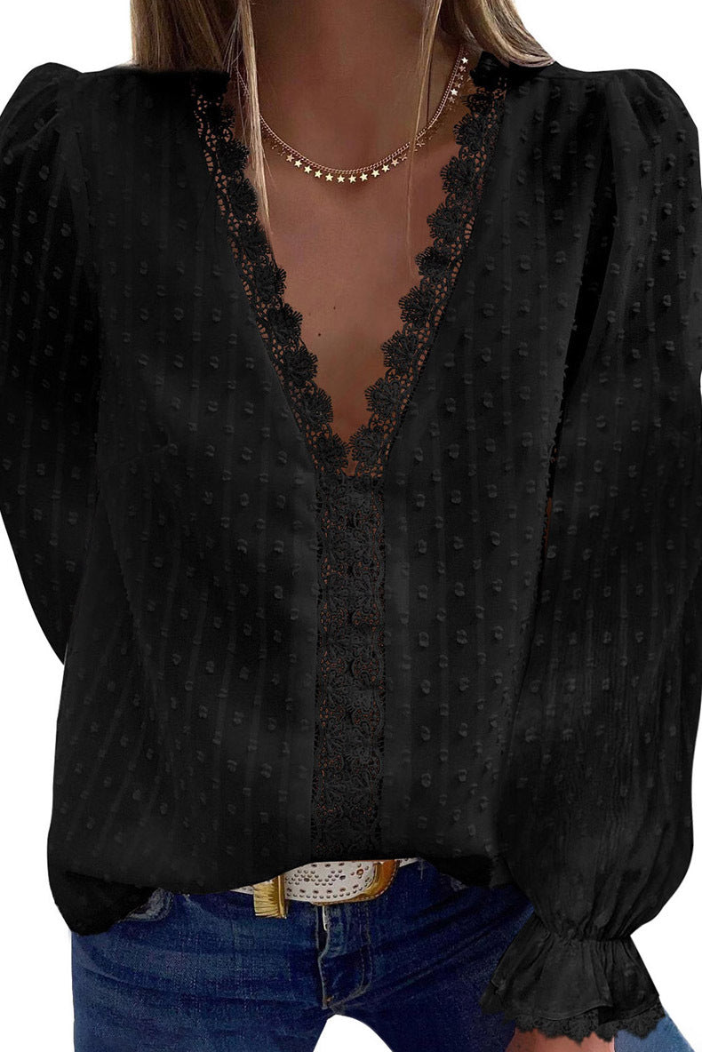 Women's Solid Color V-neck Embroidered Lace Long-sleeved Chiffon Shirt