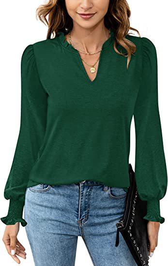 Women's V-neck Casual Long-sleeved T-shirt Pleated Puff Sleeve