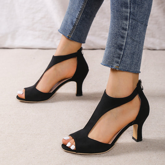 Back Zipper Side Hollow Stiletto Heel Roman Sandals for Women