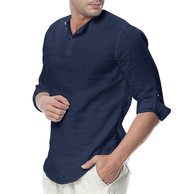 Men's Long Sleeve Casual Blouse Cotton Linen Shirt Loose Top TShirt