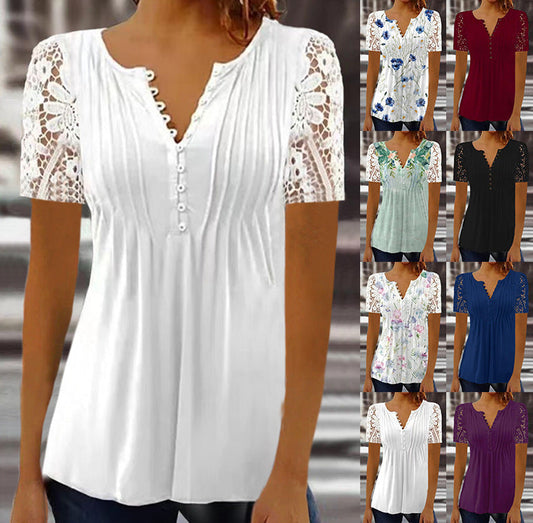 Women's Short Lace Sleeves Pleated Solid Color Button T-shirt Bottoming Shirt