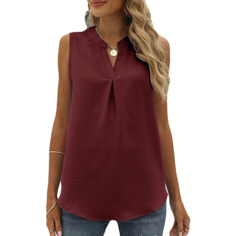 Women's Solid Color Chiffon Shirt Loose V-neck Pullover Sleeveless Top Vest