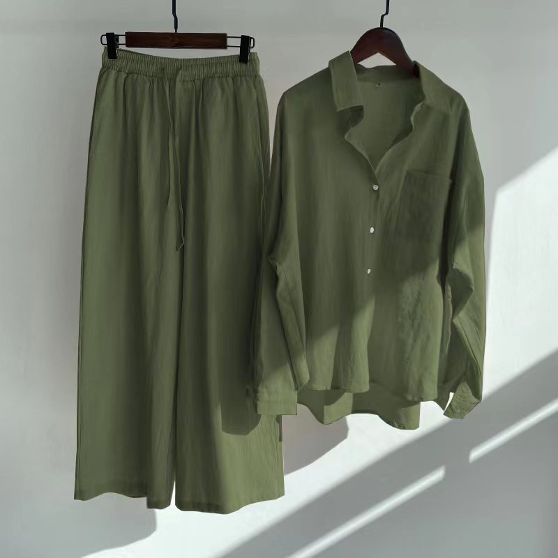 Ladies 2-Piece Vintage Cotton Linen Shirt Set High Waist Loose Trousers S - XL Women Set