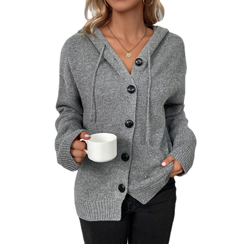 Women‘s Solid Color Hooded Single-breasted Sweater Drawstring Knitted Cardigan Jacket