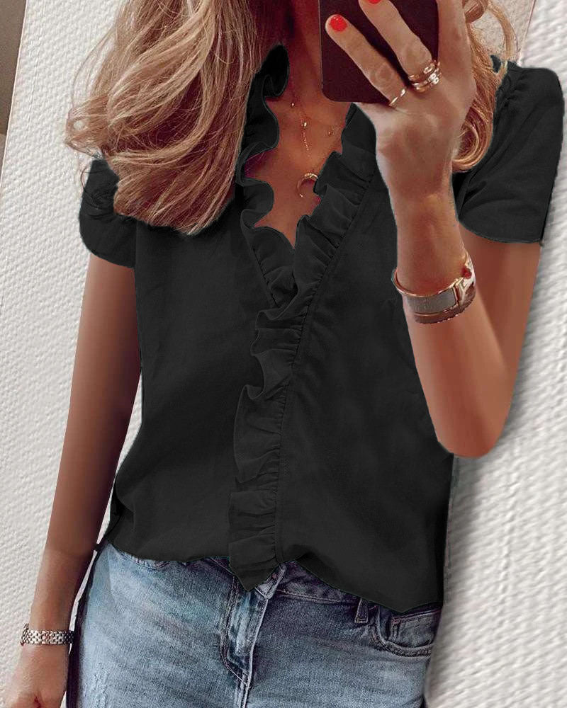 Spring Summer Short Sleeve Ruffle Blouse Women's Shirt