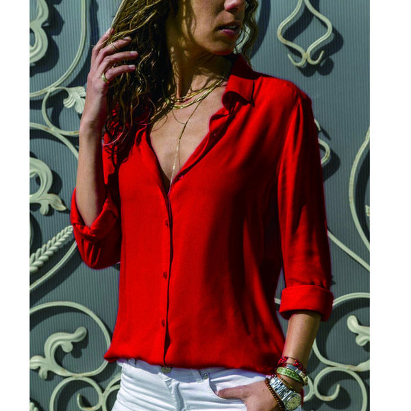 Women's Plus Size Fashion Blouse Shirt. Long Sleeve V-Neck Button Loose Casual Top