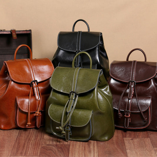 Oil Wax Soft Leather Backpack for Women, Casual Travel Small Bag