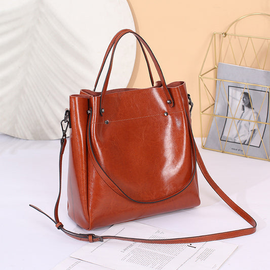 Hand-held One-shoulder Cross-body Waxed Genuine Cowhide Women's Bag