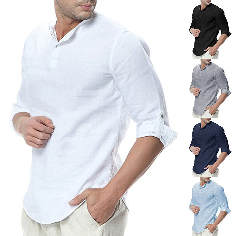 Men's Long Sleeve Casual Blouse Cotton Linen Shirt Loose Top TShirt