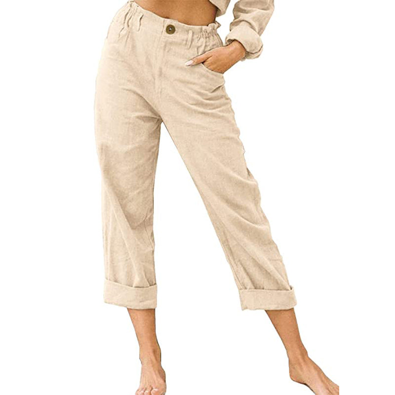 Women's High Waist Loose Casual Solid Color Cotton Linen Trousers