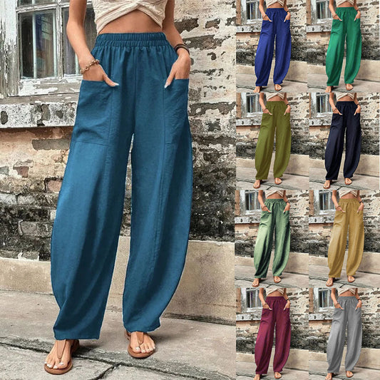 Women's Solid Color Pocket Pants Lady's Casual Pants Elastic Pants Trousers