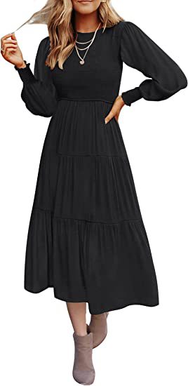 Women's Long Sleeve Gathered Layered Short Sleeve Swing Dress Lady Dresses