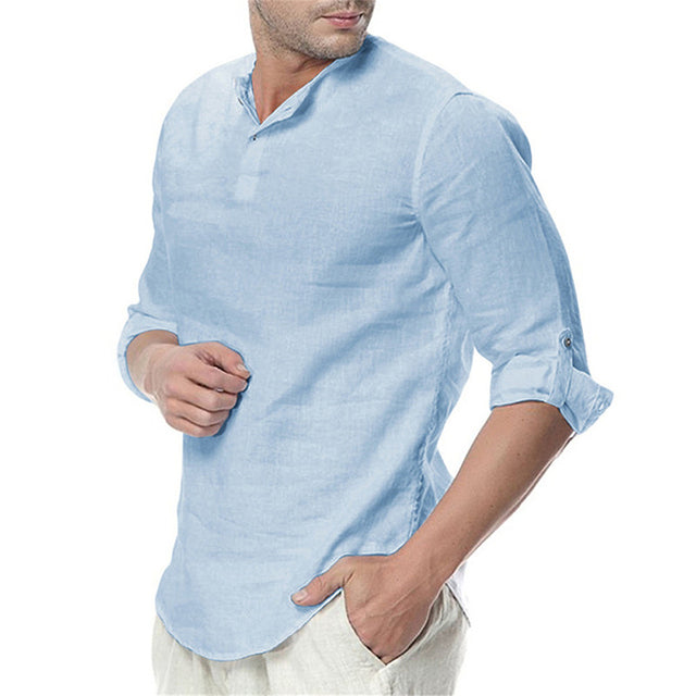 Men's Long Sleeve Casual Blouse Cotton Linen Shirt Loose Top TShirt