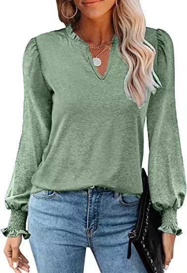 Women's V-neck Casual Long-sleeved T-shirt Pleated Puff Sleeve