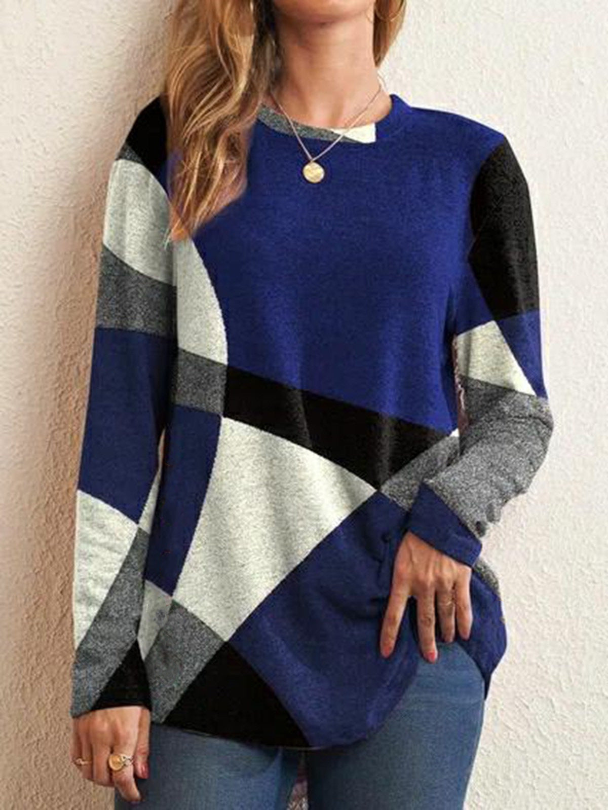 Geometric Multicolor Long Sleeve Printed Loose T-Shirt Women's Tops