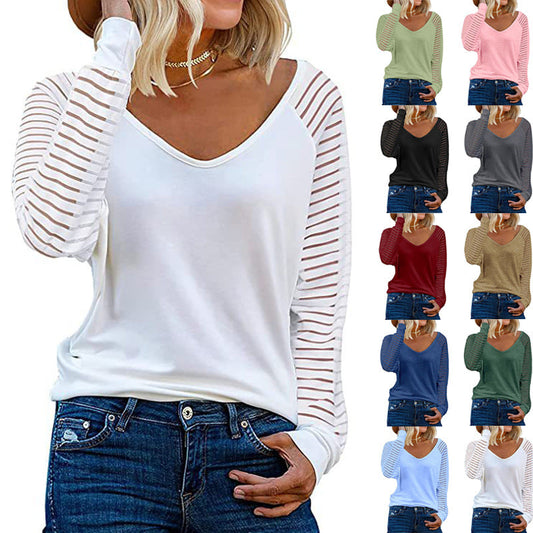 Women's Long-sleeved Tops Striped Patchwork Casual Loose Shirt