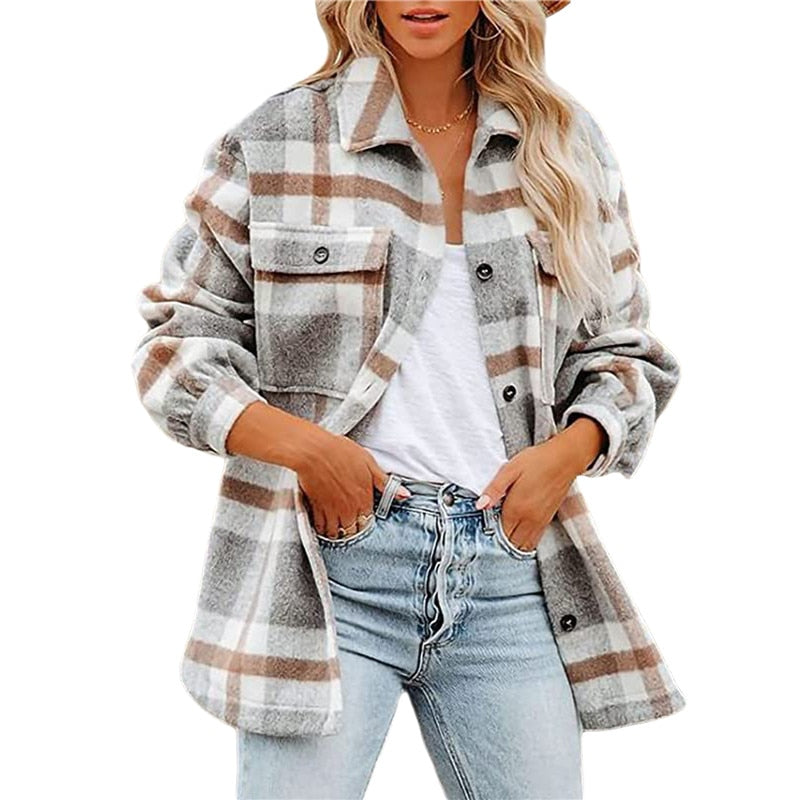 Women's Long Sleeve Button-Down Plaid Shirt Jacket Coat Top Outwear