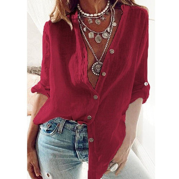 Women's Autumn Solid Color Cotton Loose V-neck Long-sleeved Top Shirt