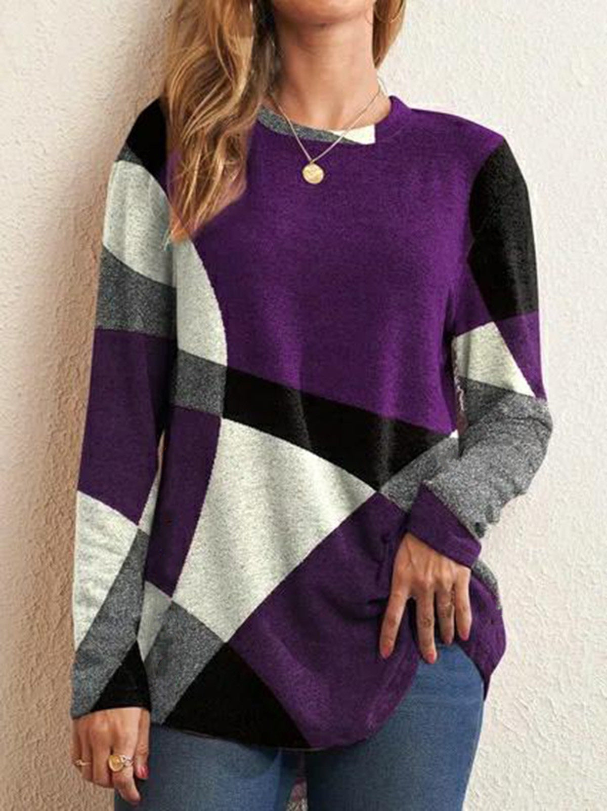 Geometric Multicolor Long Sleeve Printed Loose T-Shirt Women's Tops