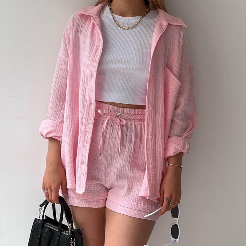 Women's Wrinkled Lapel Long-sleeved Shirt, High-waisted Drawstring Shorts Two-piece Set