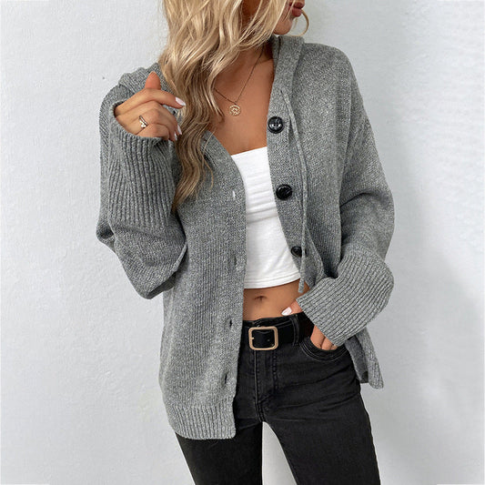 Women‘s Solid Color Hooded Single-breasted Sweater Drawstring Knitted Cardigan Jacket