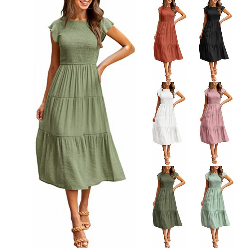 Women's Fly Shirring Layered Short Sleeve Swing Dress