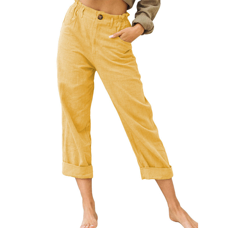 Women's High Waist Loose Casual Solid Color Cotton Linen Trousers