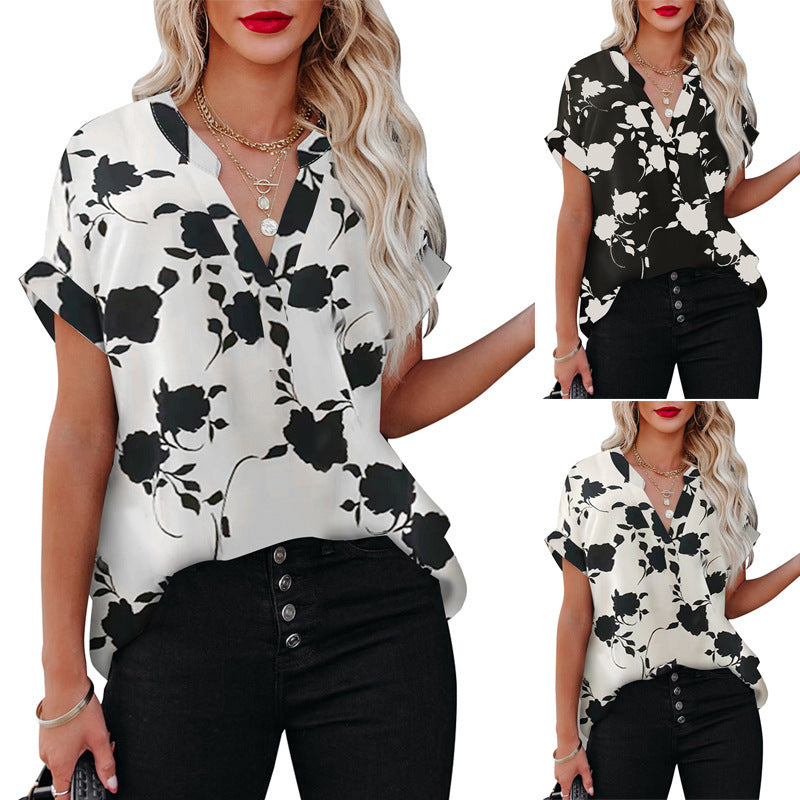 Women's Summer Floral Print Short-sleeved Shirt Lady's Loose V-neck Top