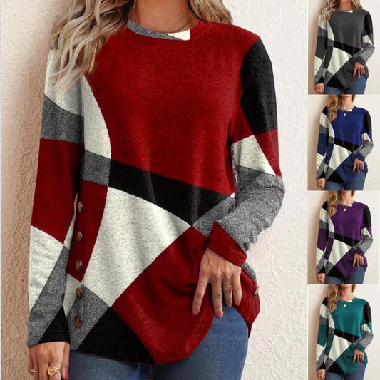 Geometric Multicolor Long Sleeve Printed Loose T-Shirt Women's Tops