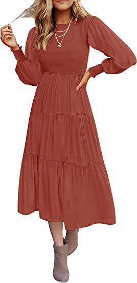 Women's Long Sleeve Gathered Layered Short Sleeve Swing Dress Lady Dresses