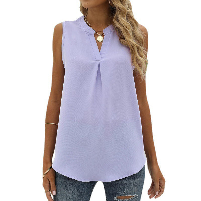 Women's Solid Color Chiffon Shirt Loose V-neck Pullover Sleeveless Top Vest