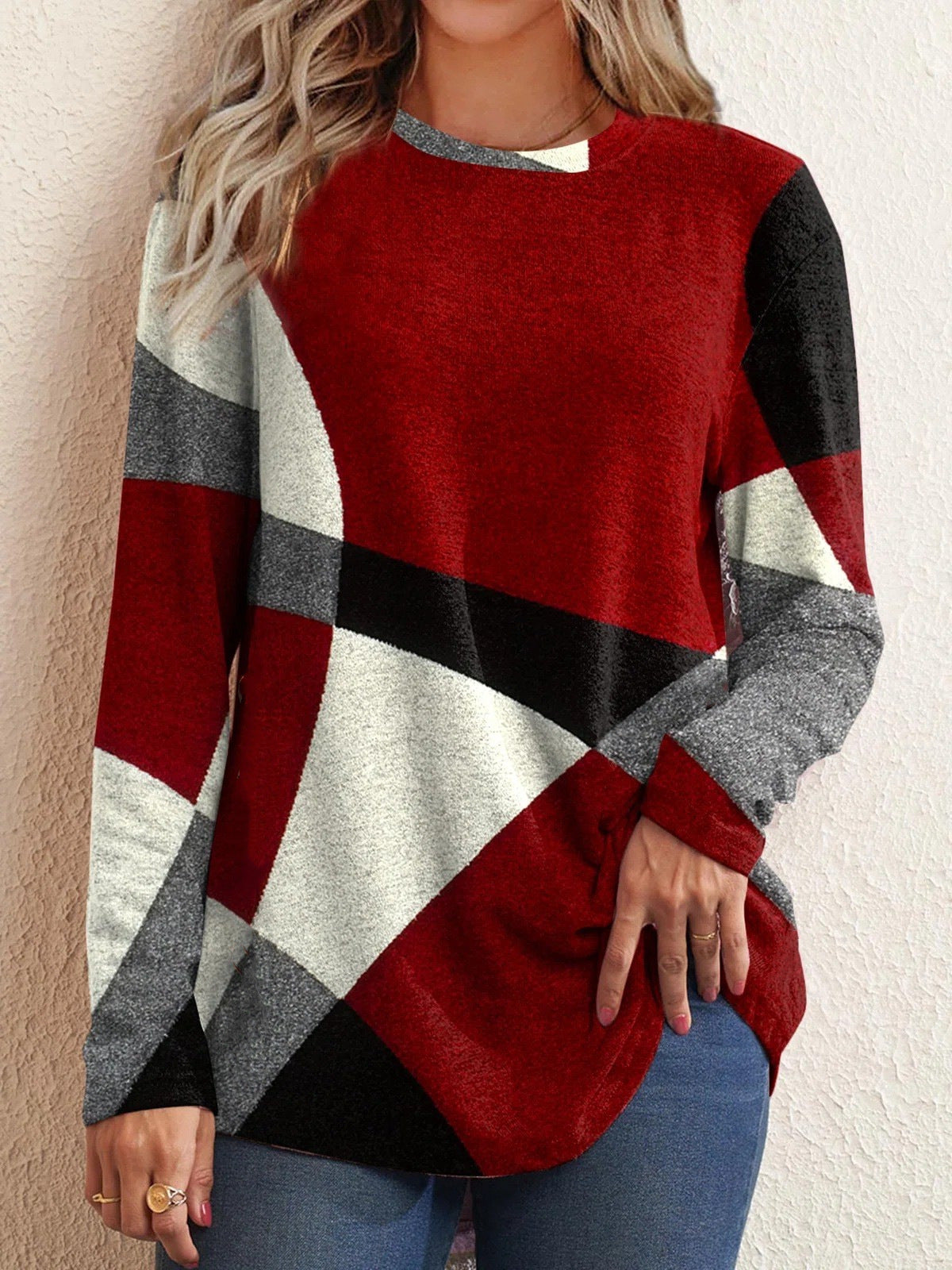 Geometric Multicolor Long Sleeve Printed Loose T-Shirt Women's Tops