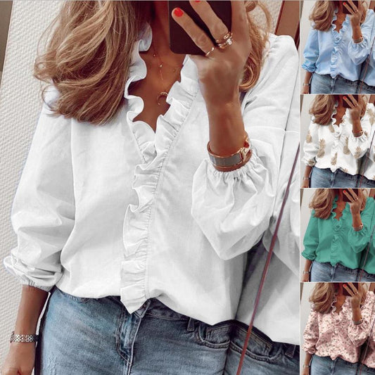 Spring Summer Long Sleeve Ruffle Blouse Women's Shirt