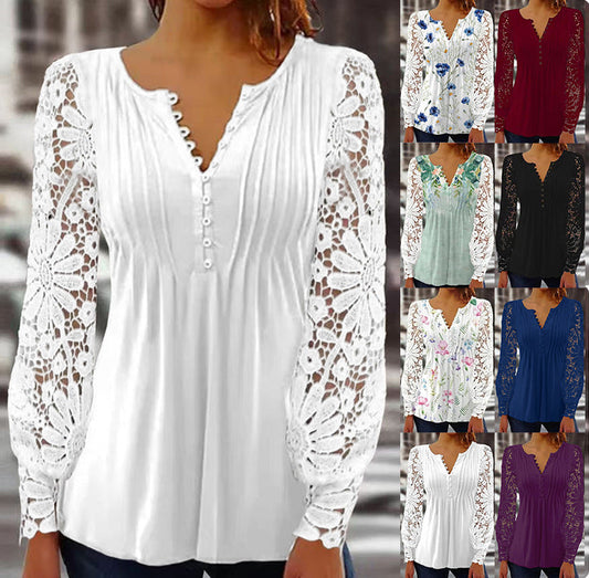 Women's Long Lace Sleeves Pleated Solid Color Button T-shirt Bottoming Shirt