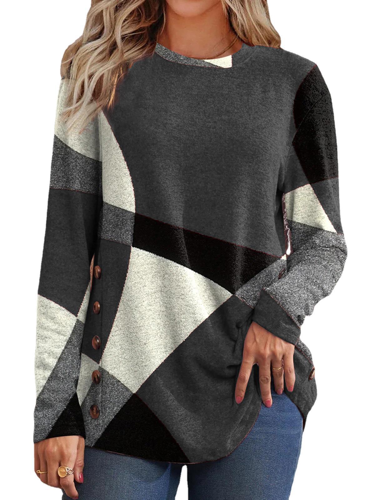 Geometric Multicolor Long Sleeve Printed Loose T-Shirt Women's Tops