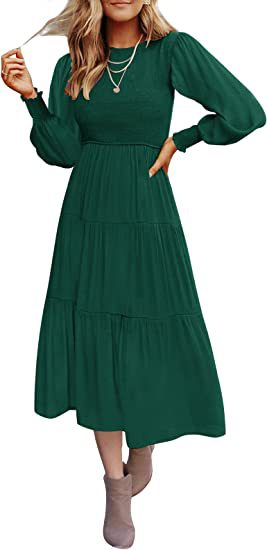 Women's Long Sleeve Gathered Layered Short Sleeve Swing Dress Lady Dresses